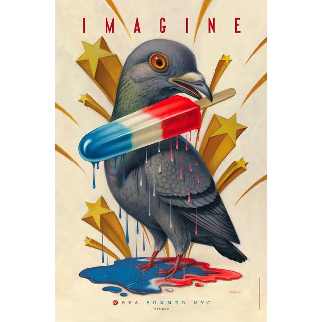 an image of a poster depicting a pigeon with a red white and blue popsicle in it's mouth and shooting yellow stars behind it. The top if the poster reads "Imagine" and the bottom of the poster reads "SVA Summer NYC. SVA.EDU". Poster designed and illustrated by Chris Buzelli 